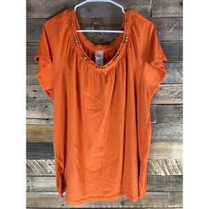 JMS Womens Plus Sz 2X Orange Short Sleeve Top Wood Beads On Neckline